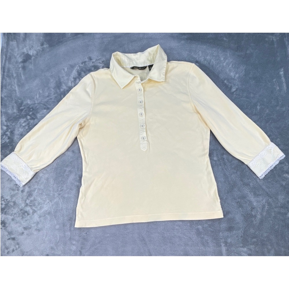 Eddie Bauer Womens Petite Large Yellow Lace Cuff Cotton Polo Top Long Sleeve
